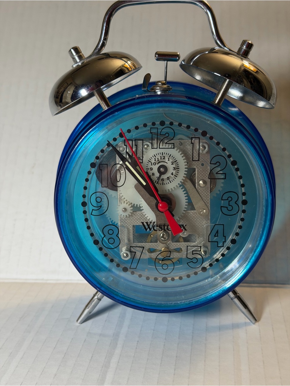 Westclox Keywound Alarm Clock Blue Transparent Plastic Mechanical Alarm 5.5" Vtg